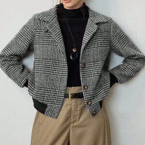 Black and White Elegant Women's Plaid Turndown Collar Long Sleeve Button Jacket